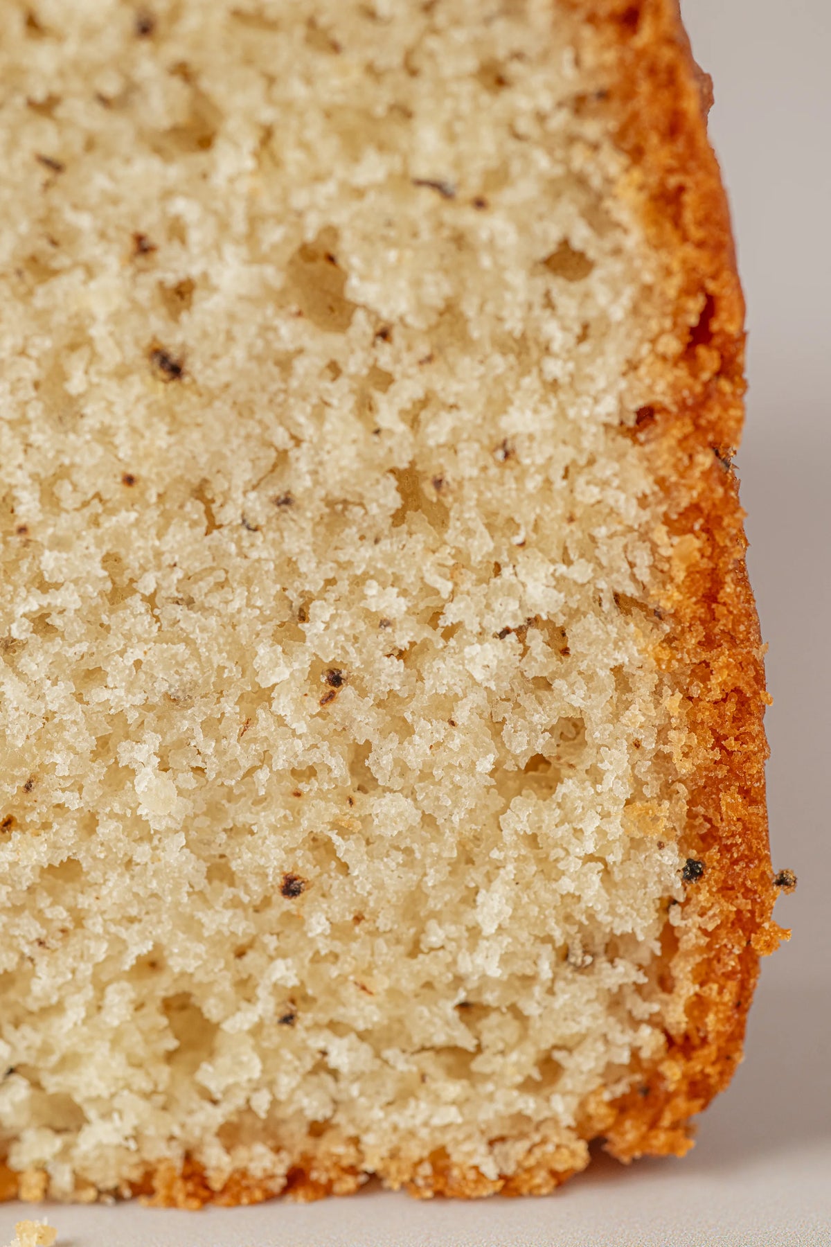 Detalle de la textura húmeda y esponjosa del Bizcocho Té sin gluten, sin azúcar y sin lactosa.
