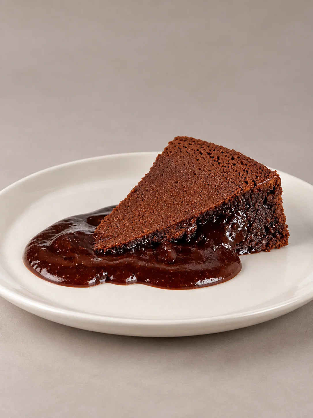 Porción de volcán de chocolate sin azúcar de NICOLINA Madrid, con interior fundente y textura húmeda de chocolate.
