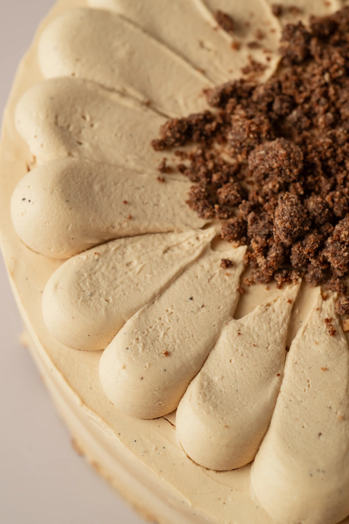 Detalle de crema de vainilla y crumble de cacao en tarta vegana de avellana artesanal.
