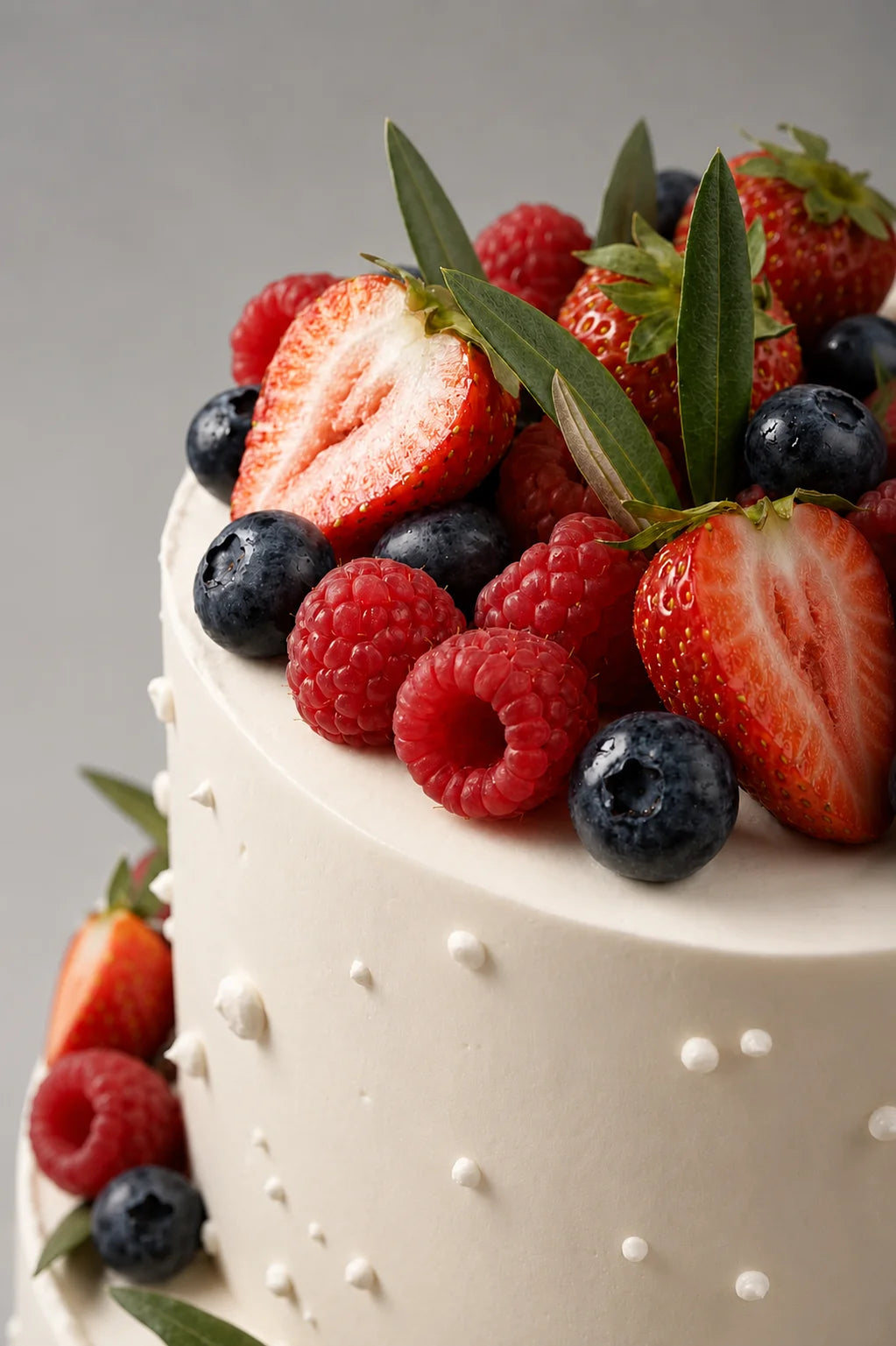 Detalle de la parte superior de una tarta de boda sin gluten, sin azúcar y sin lactosa con fresas, frambuesas y arándanos.
