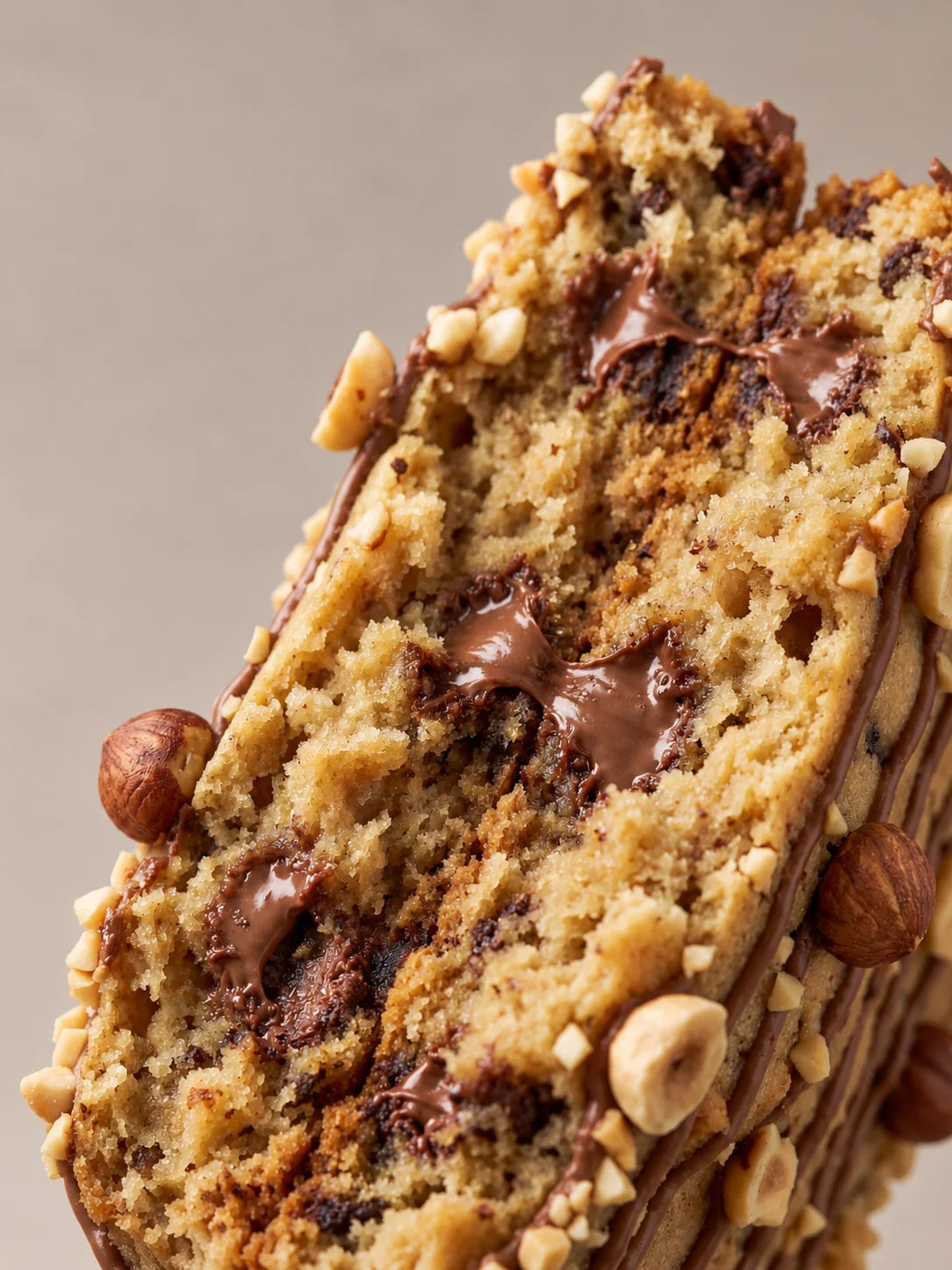 Detalle de cookie XXL de chocolate y avellanas sin gluten de NICOLINA Madrid, con cobertura de chocolate y avellanas enteras.
