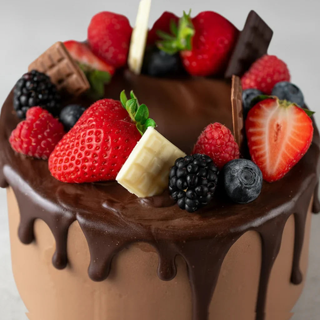 Tarta de cumpleaños sin gluten y sin azúcar decorada con chocolate y frutos rojos frescos.
